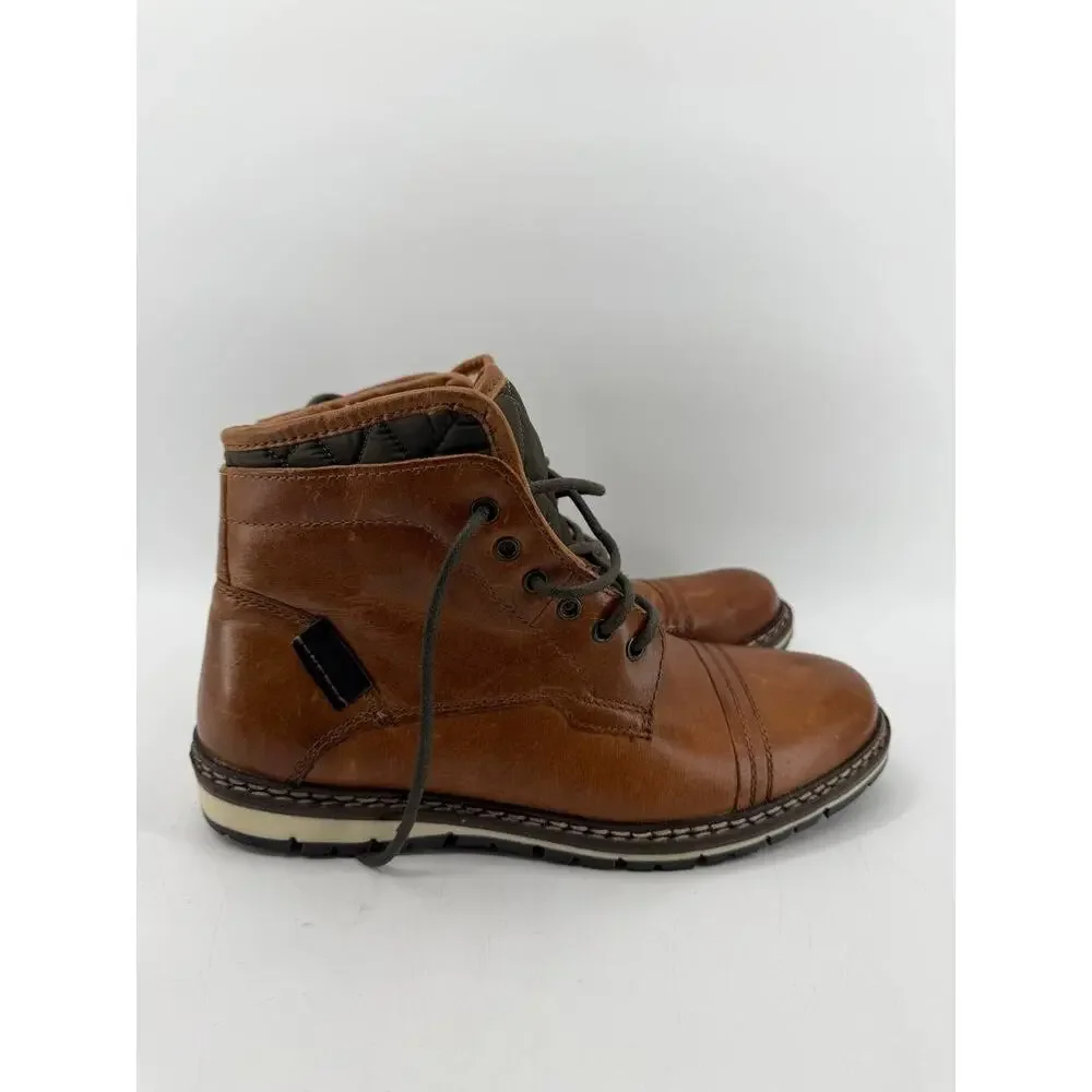 Men's Brown Leather Faux Fur Lined Cap Toe Lace Up Ankle Boots US 10.5